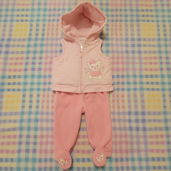 BABY WORKS ♡ Pink 'n White Baby Girl Teddy Bear 2pc Vest|Footie Pant Outfit 0-3M - Picture 1 of 16